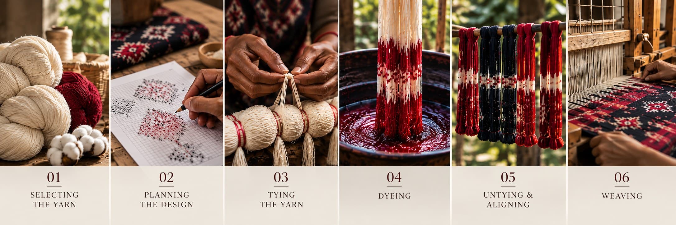 The six steps of Sambalpuri Bandha: selecting the yarn, planning the design, tying, dyeing, untying and aligning, and weaving